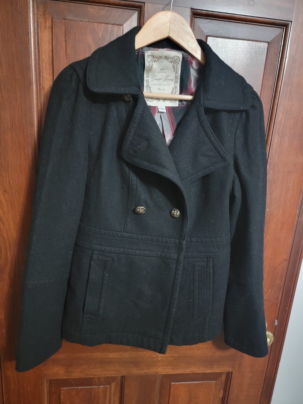 Guess Black Double-Breasted Peacoat with Gold Buttons
